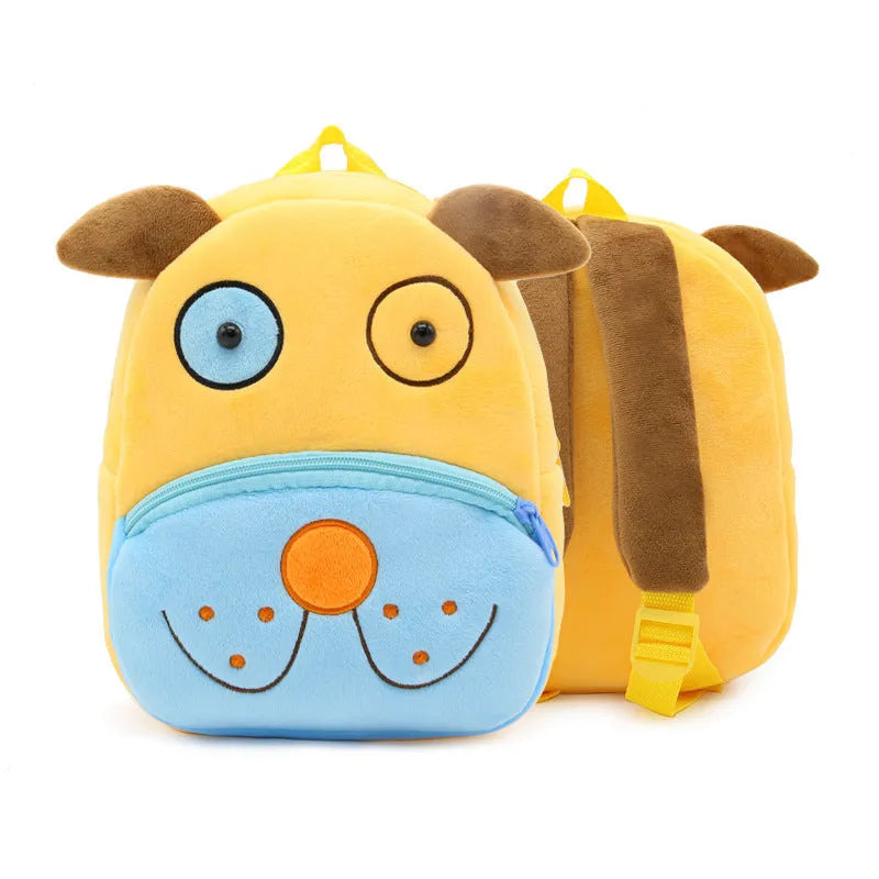 Children's plush animal backpack measuring 26cm by 24cm by 10cm with zipper opening