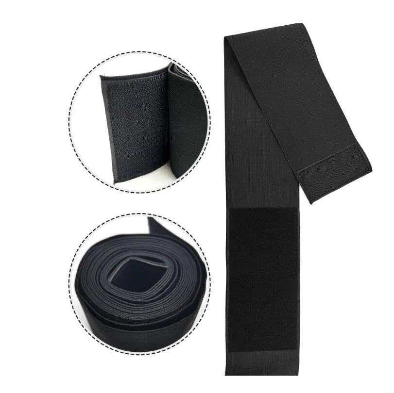 Thin black sports waist belt in nylon and polyester, 3m length, for waist protection and body sculpting
