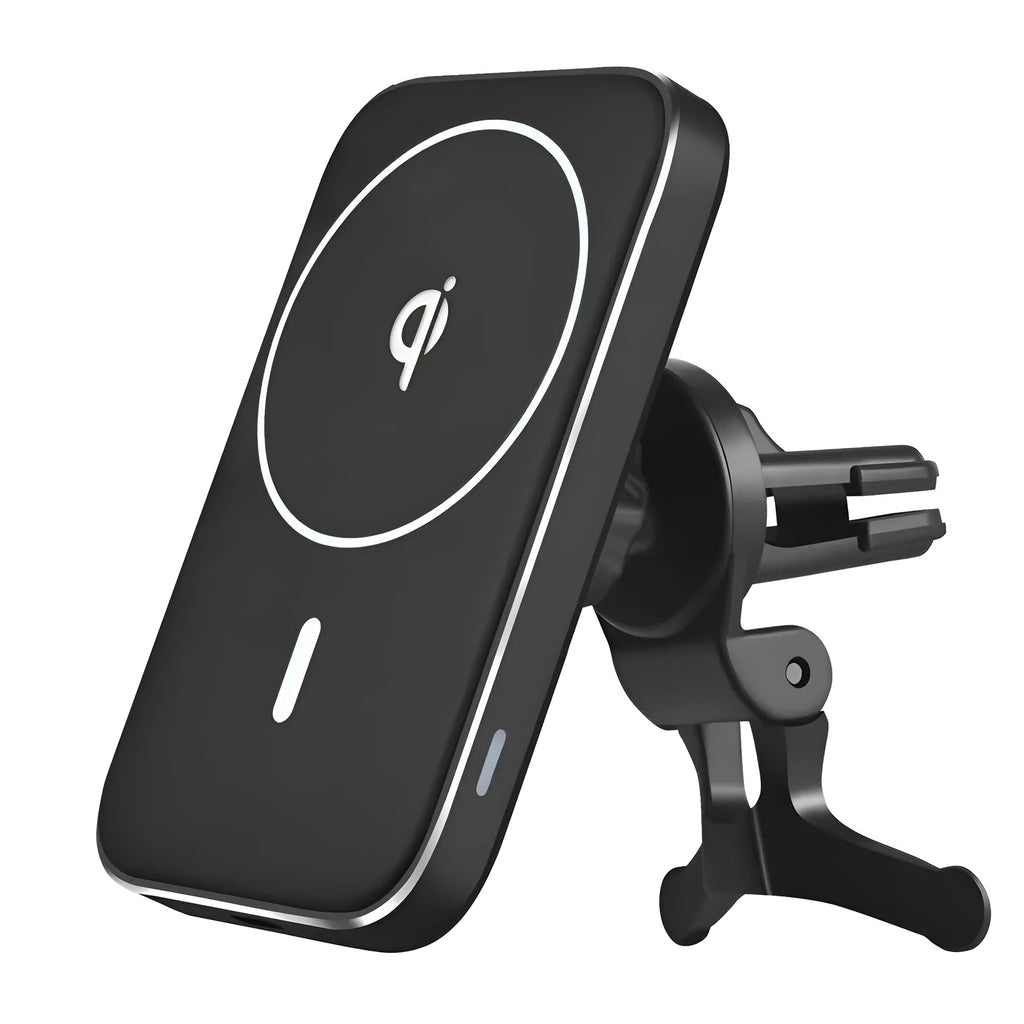 Black M6 magnetic wireless car charger bracket mounted in vehicle