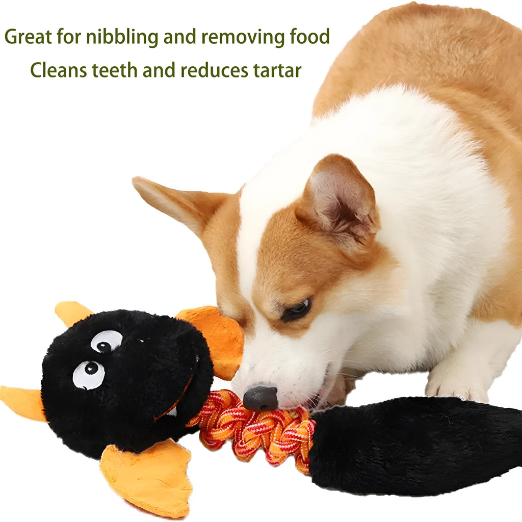 44cm long plush dog toy with squeaker and rope knot in rabbit fleece fabric