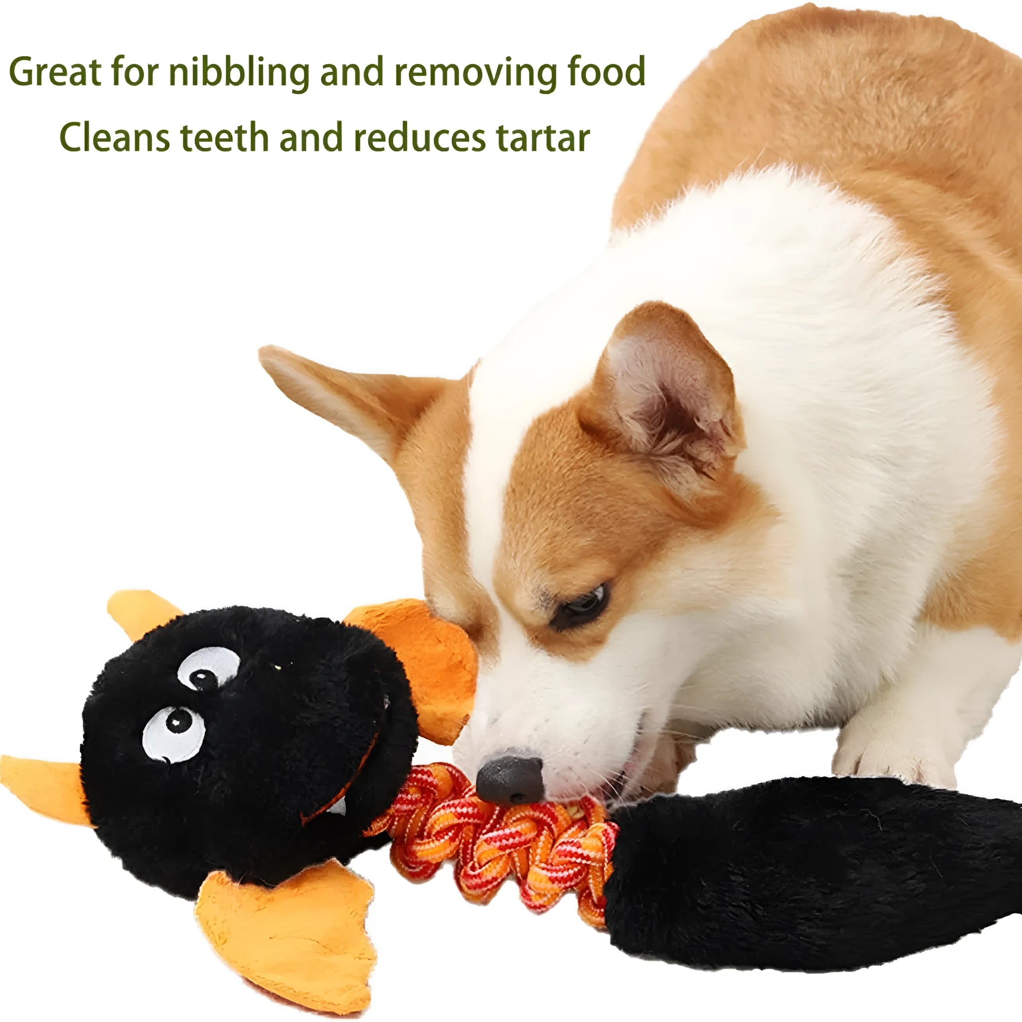 44cm long plush dog toy with squeaker and rope knot in rabbit fleece fabric