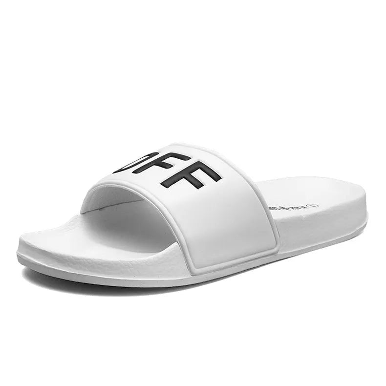 Men's black open-toe personalised slippers with rubber soles showing available size range