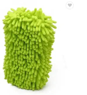 Silvery green chenille microfibre car wash sponge showing textured surface, with dimensions 14cm by 25cm.