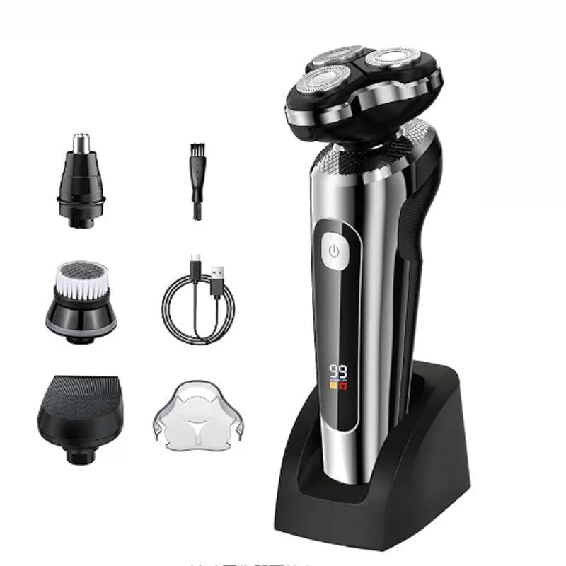USB rechargeable beard trimmer with digital LED display and five-in-one comb base bracket.