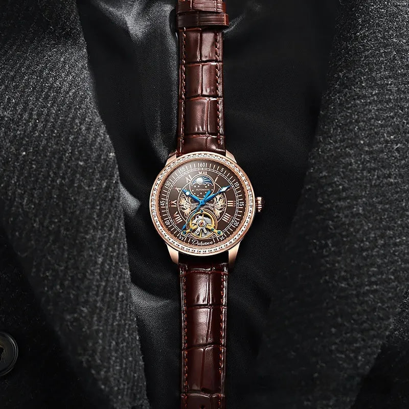 Men's waterproof mechanical watch with stainless steel case and round dial