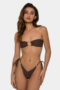 Brown women's tube top push-up split bikini swimsuit on a mannequin.