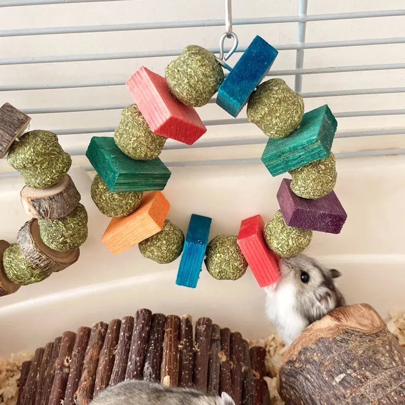 Hamster chew toy with decorative ring and straw ball for guinea pigs and rabbits