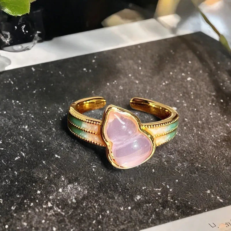 Adjustable copper gourd ring with inlaid zircon stones in New Chinese style featuring floral and bow designs