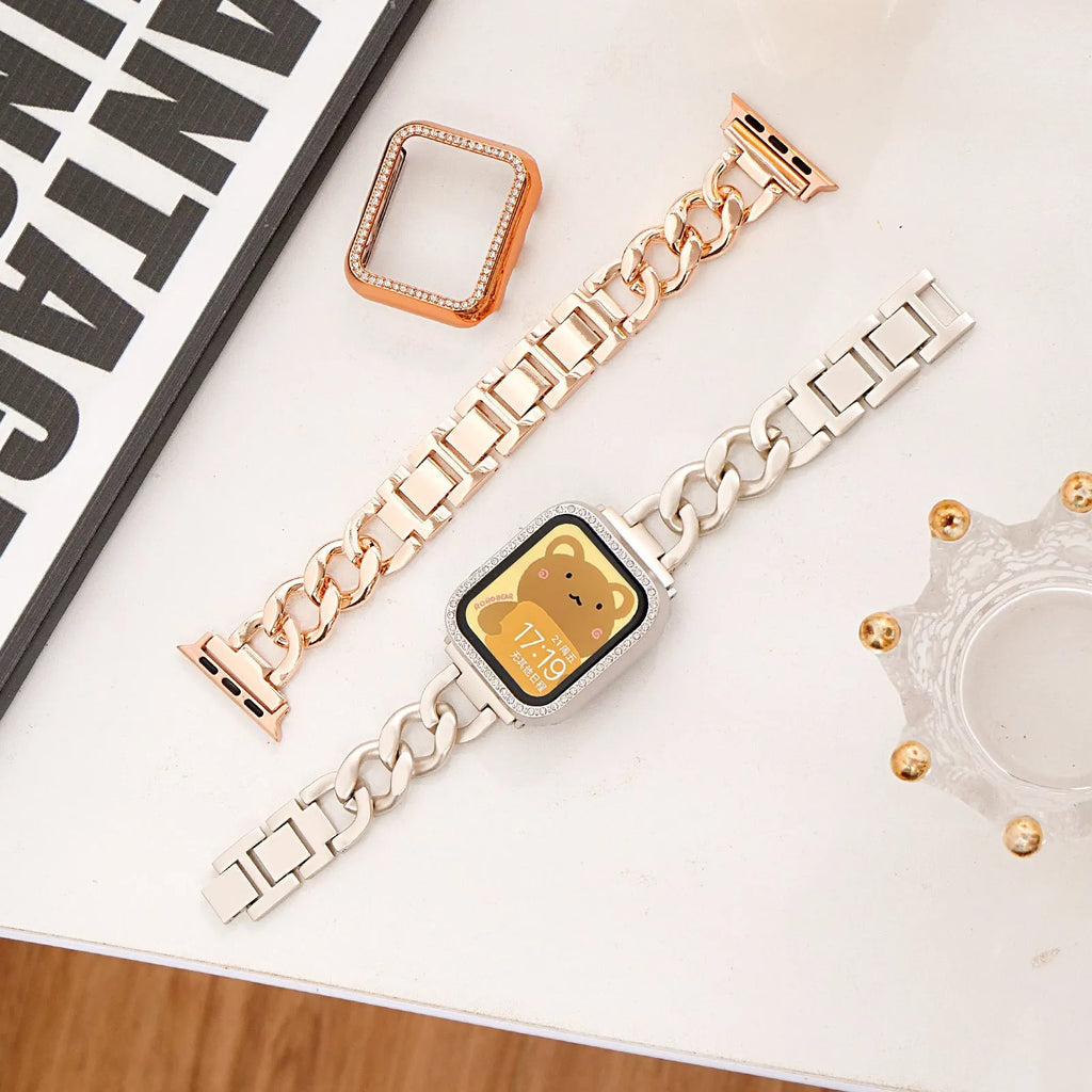 Denim chain link metal strap for Apple Watch in silver, black, gold, rose gold, or Starlight colour.