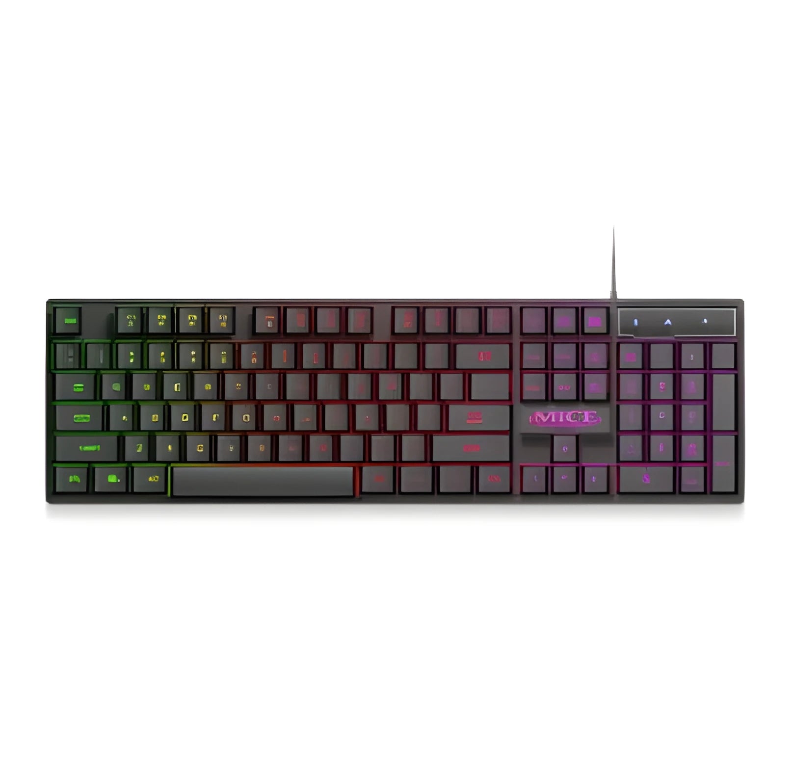 Black USB wired backlit gaming keyboard with frosted keycaps on a desk.