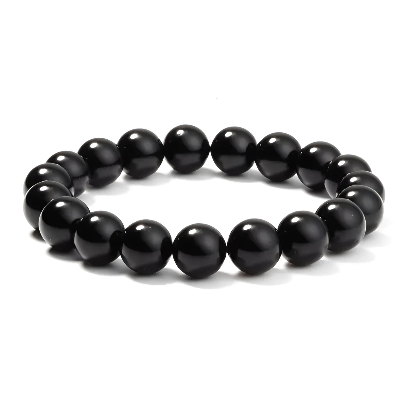 Geometric black agate bead bracelet with elastic cord, showing 8mm bead size detail.
