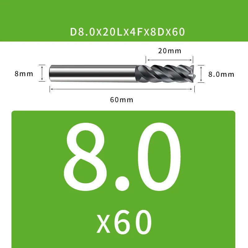 4-blade tungsten steel end mill showing cutting edges and diameter markings