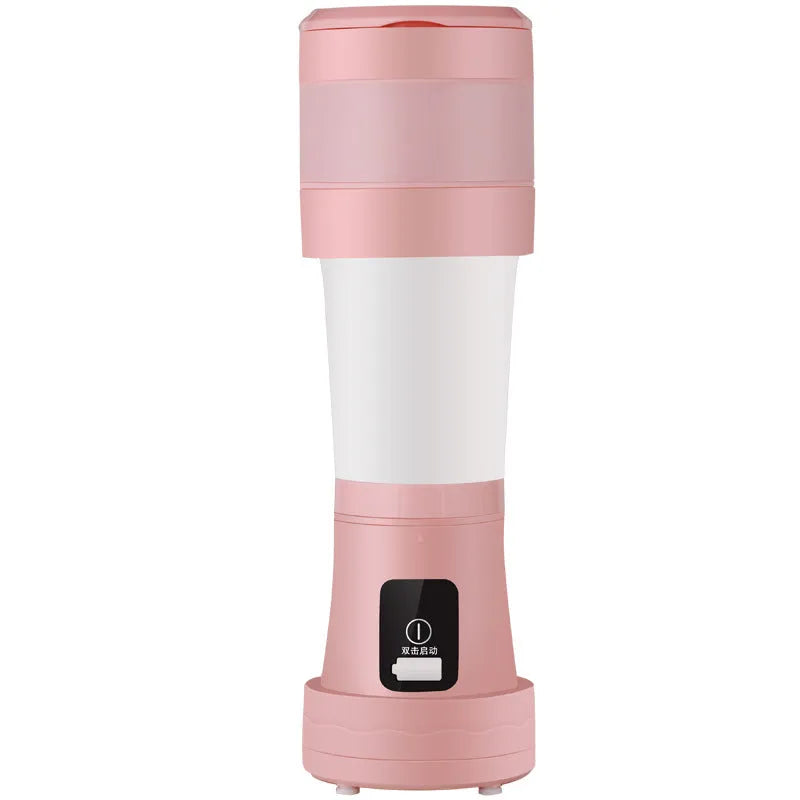 Blue mini portable blender with USB charging port and stainless steel blades, shown extended and collapsed.