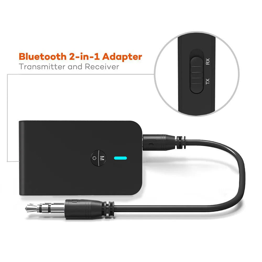 Black Bluetooth audio adapter with 3.5mm AUX plug and external power supply unit