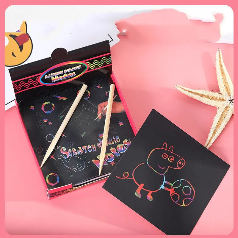 Colour box containing 100 black scratch art cards and a wooden stylus for kids' creative painting.