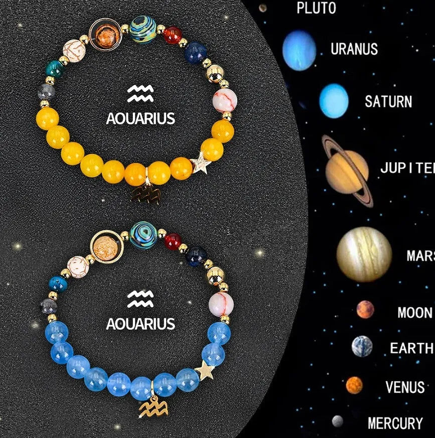 Two natural stone beaded bracelets with zodiac sign charms on a textured background.
