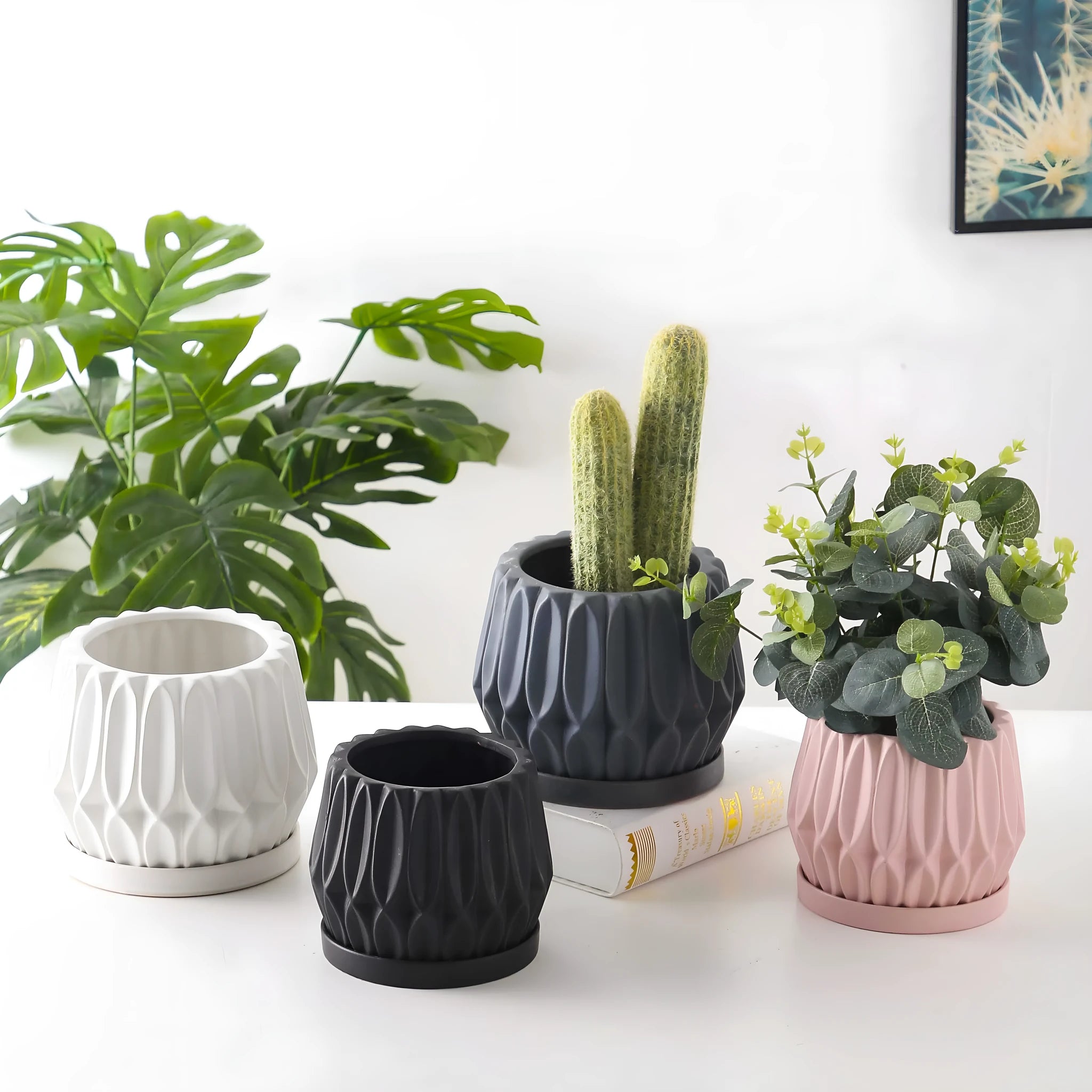 Grey ceramic desktop flowerpot for indoor plants on tabletop