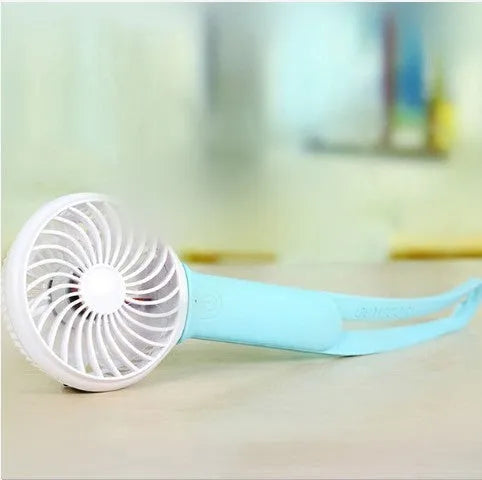 200mm mini USB hand fan with rechargeable battery in blue, green, grey, or pink colours showing adjustable speed controls