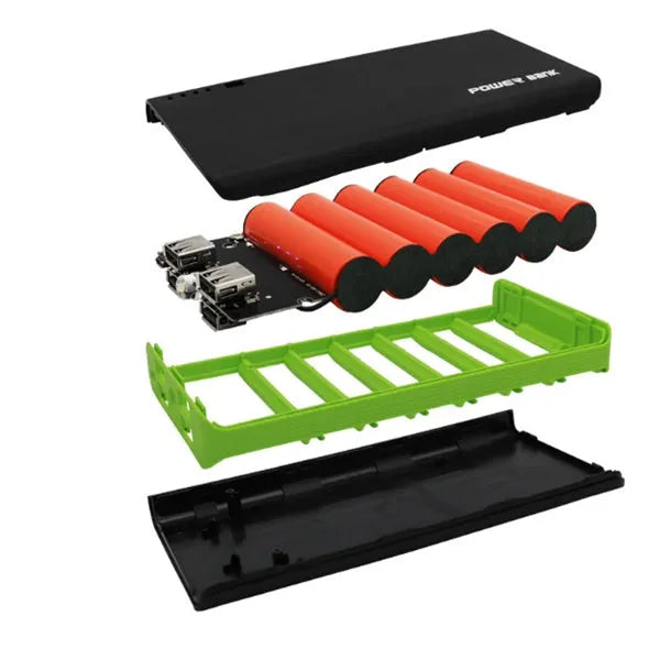 20000mAh portable power bank in multiple colours with compact dimensions for phone and tablet charging.