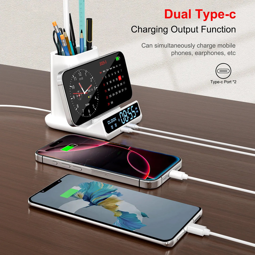 Modern minimalist wireless charging desk lamp with built-in pen holder and storage compartment