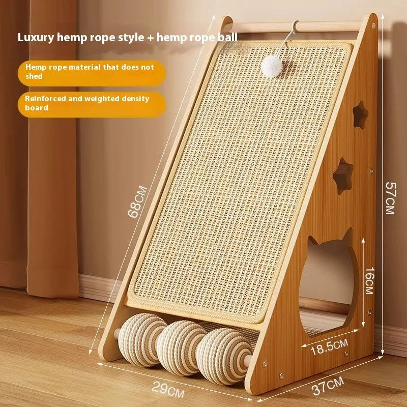Vertical wall-mounted cat scratch board with sisal surfaces and cat teasing ball with hemp rope
