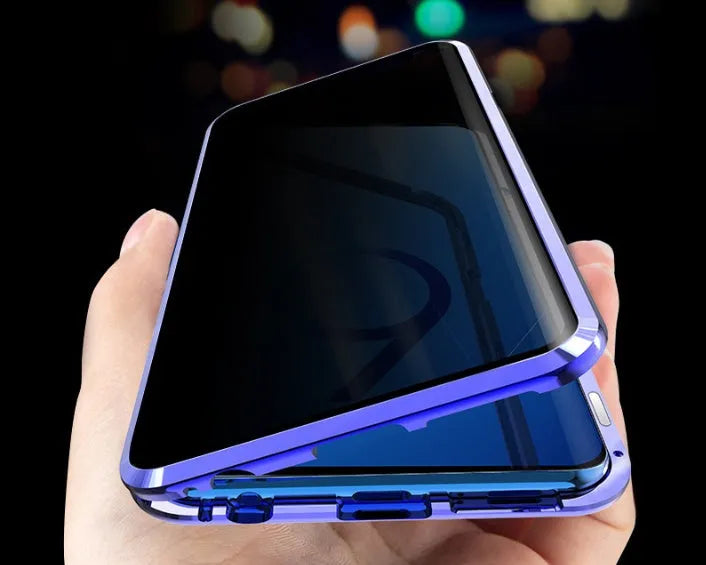 Black clamshell phone case with magnetic closure for Samsung Galaxy, showing anti-peeping screen.