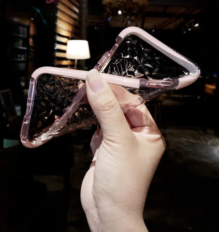 TPU iPhone back cover case with striped pattern, shown in black, pink, and white border colour options.