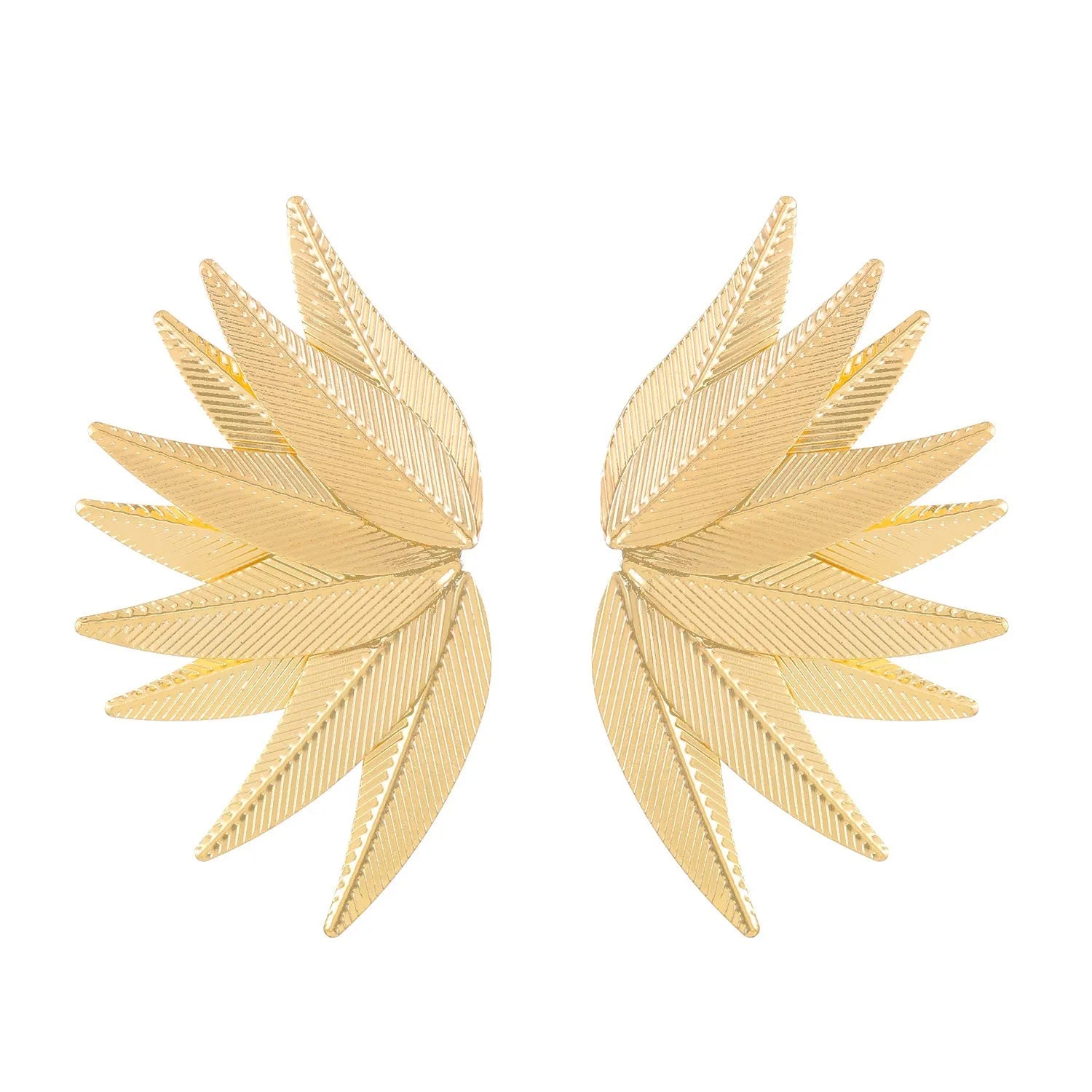 A pair of gold and white alloy patch earrings shaped like leaves.