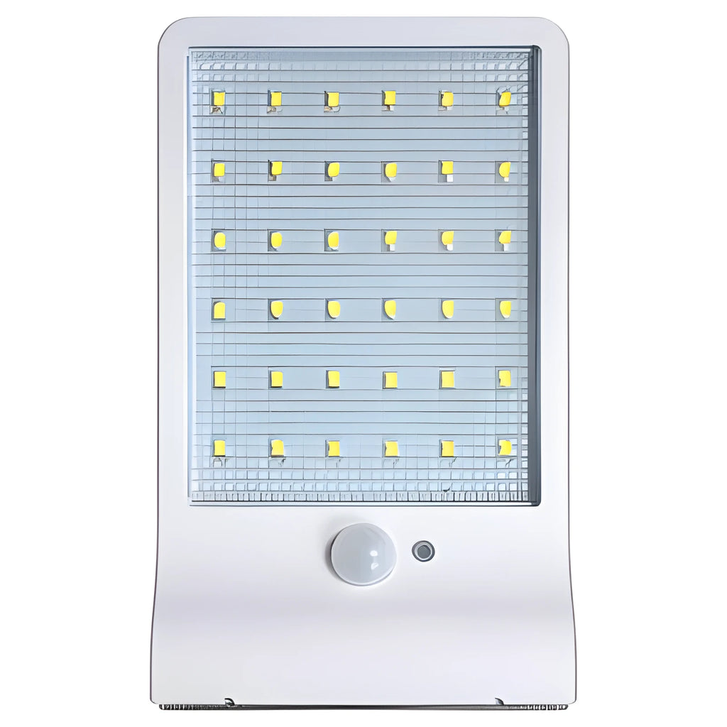 Black and white outdoor solar-powered garden light with LED illumination for pathways.