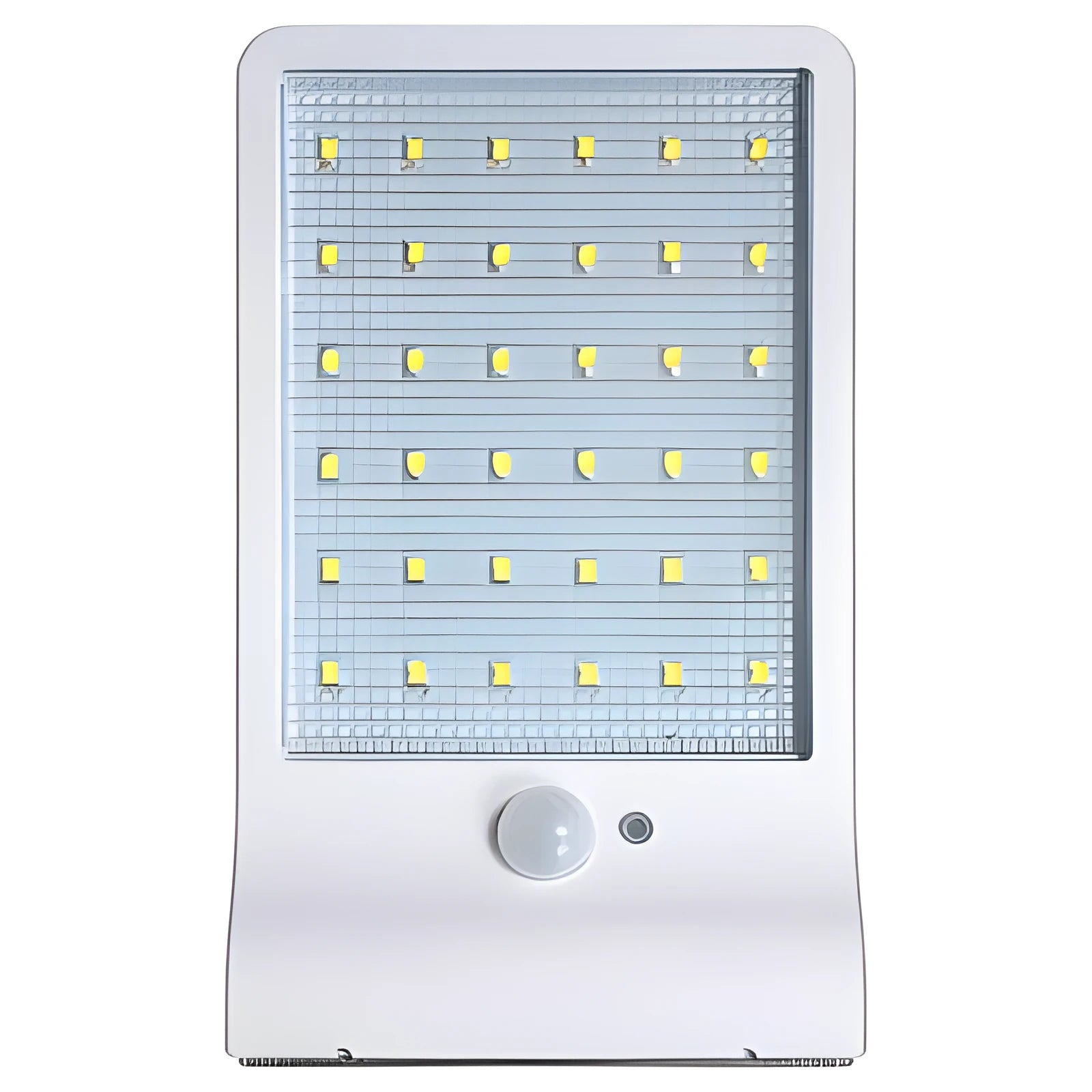 Black and white outdoor solar-powered garden light with LED illumination for pathways.