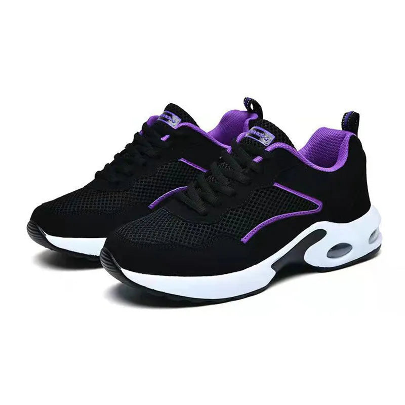 Breathable mesh low-top casual sneaker for elderly with flat heel and shallow mouth in black and white and black and red colour options