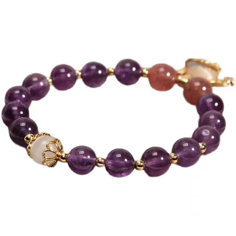 Handmade copper women's bracelet with natural amethyst stone in gold plated longevity lock pendant