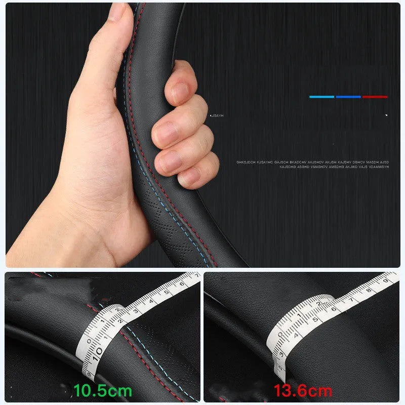 Black steering wheel cover with Napa leather texture on 38cm diameter wheel