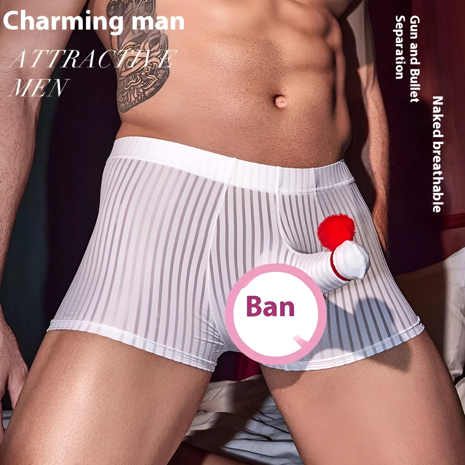 Men's black striped nylon boxer briefs laid flat, showing high-elastic fabric and design.
