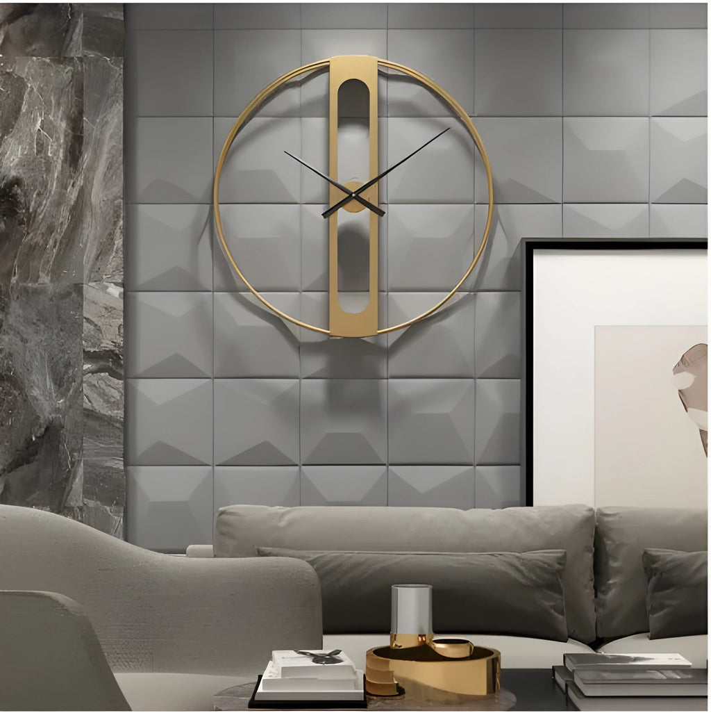 50cm round metal wall clock in black or gold finish on a wall