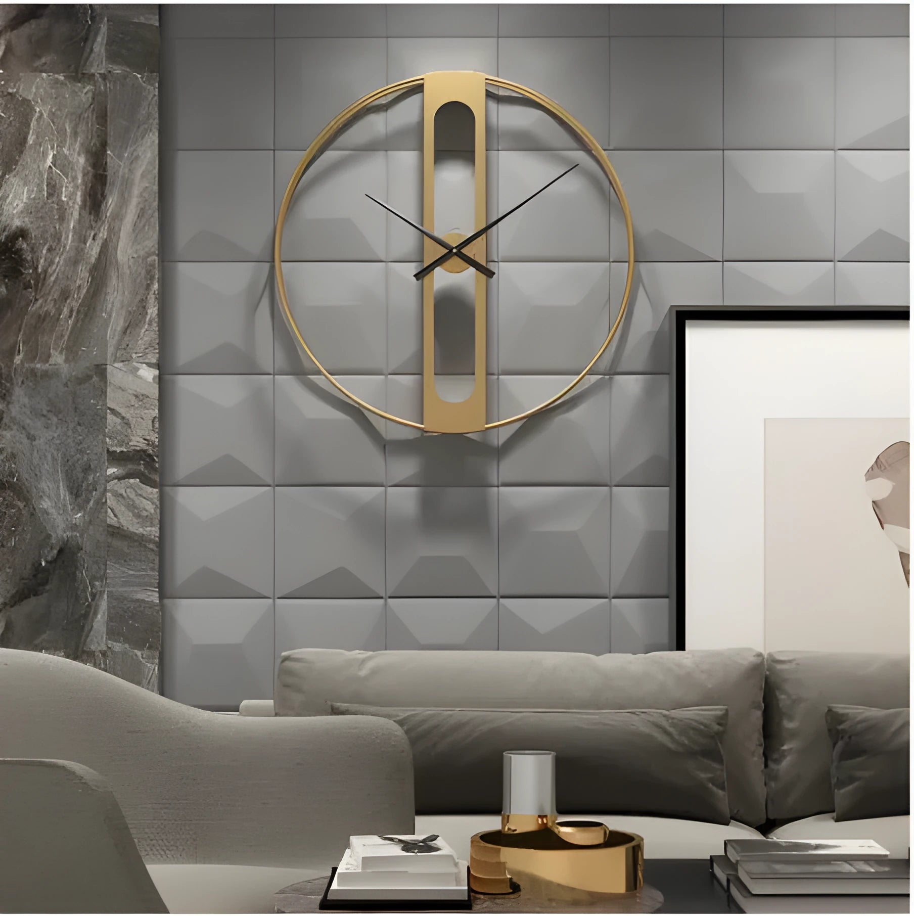 50cm round metal wall clock in black or gold finish on a wall