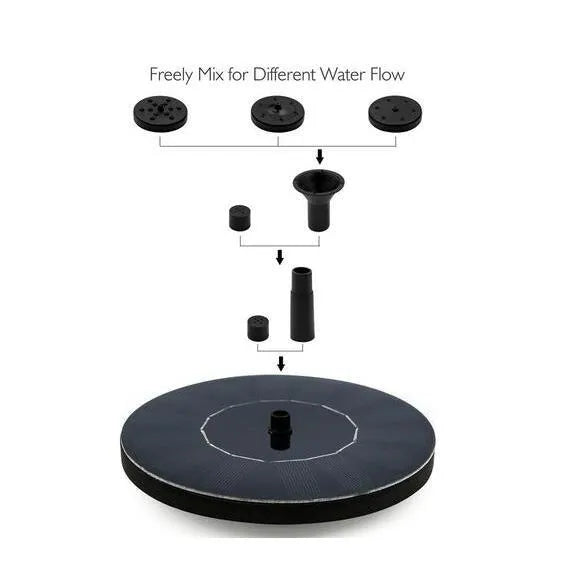 Black solar-powered fountain pump with four spray nozzles for garden birdbaths and ponds