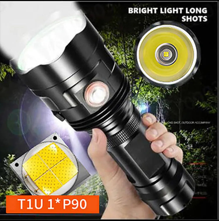 Black aluminium alloy XHP90 LED tactical flashlight showing head and body details.