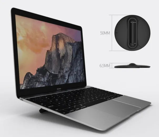 Two black ABS mini laptop stands on a desk, each 50x50x6.5mm, packaged as a 2-pack
