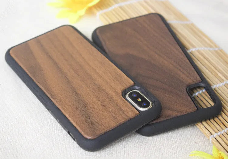 Wooden phone case with carbonised bamboo back and black TPU bumper for iPhone
