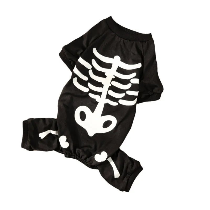 Halloween pet costume with luminous skeleton bones on dog showing four-legged design