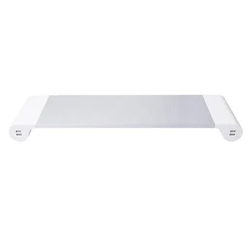 Silver and black computer monitor stand with USB charging ports and hidden keyboard storage compartment