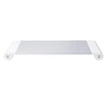 Silver and black computer monitor stand with USB charging ports and hidden keyboard storage compartment