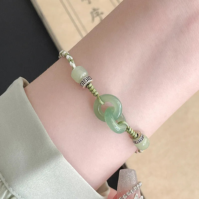 Green jade buckle copper bracelet with double ring strap ethnic design for women