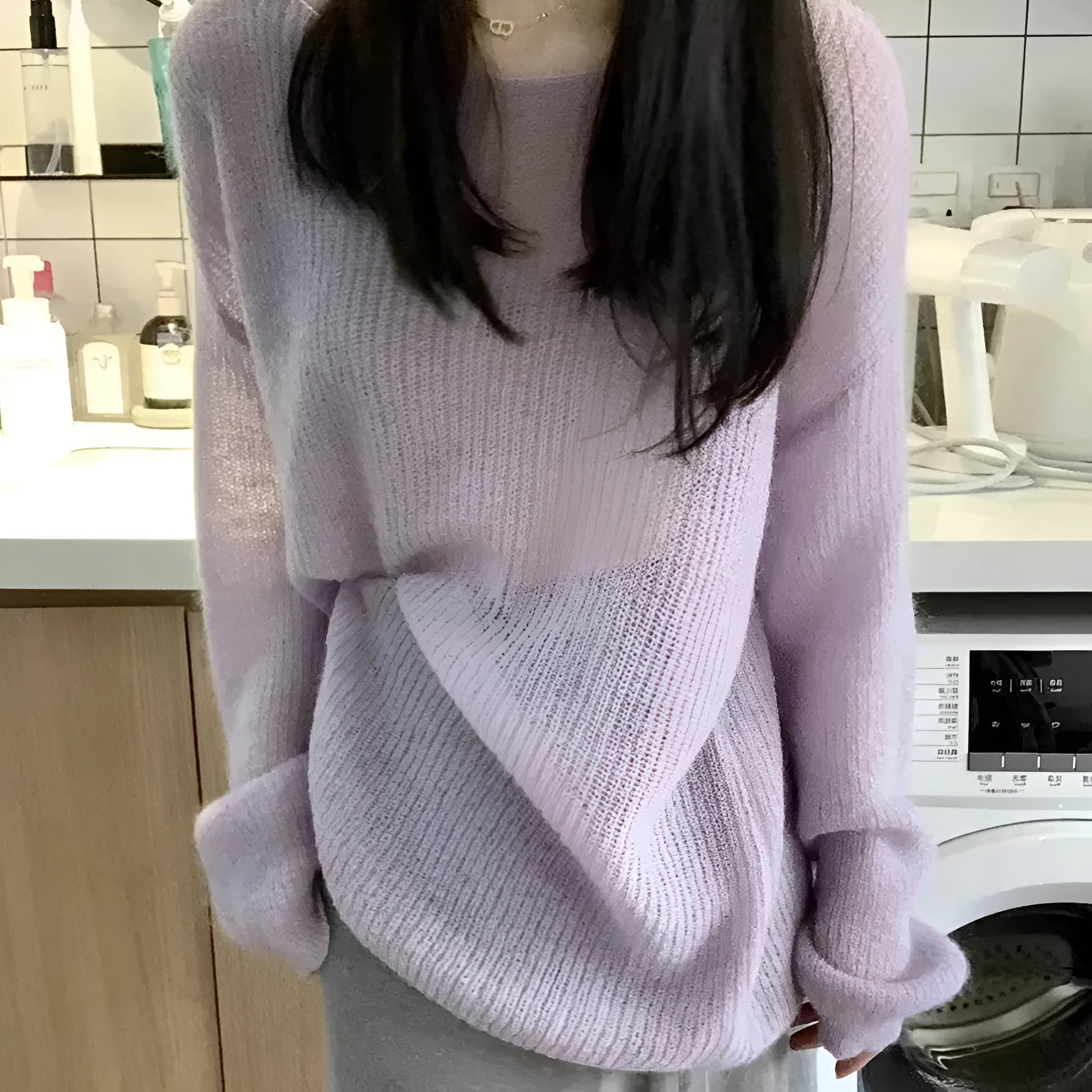 Purple women's round neck blouse with hollow-out detail and princess sleeves in lightweight ice silk fabric