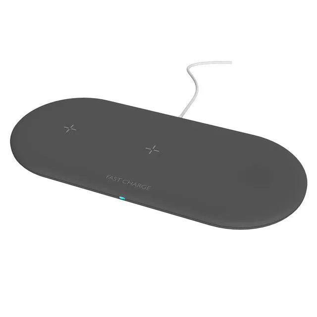 Black 3-in-1 wireless charging station for Apple phones, watches and earbuds on desk