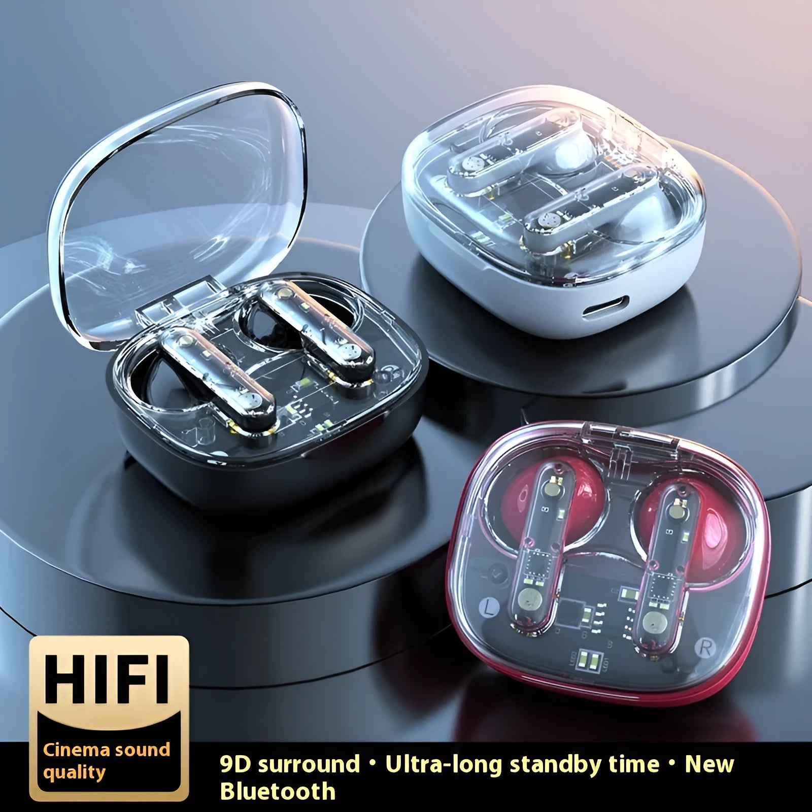 Translucent Bluetooth headset in clear ABS plastic with in-ear fit and charging case