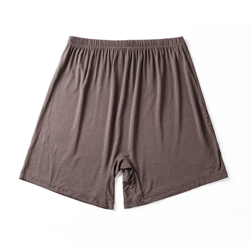 Men's solid colour modal boxers with a high waist, shown in black, blue, grey, and brown.
