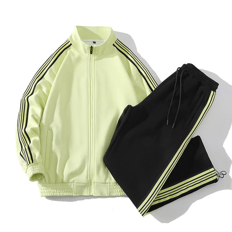 Men's cotton straight striped sports suit in khaki with long sleeve top and cropped pants