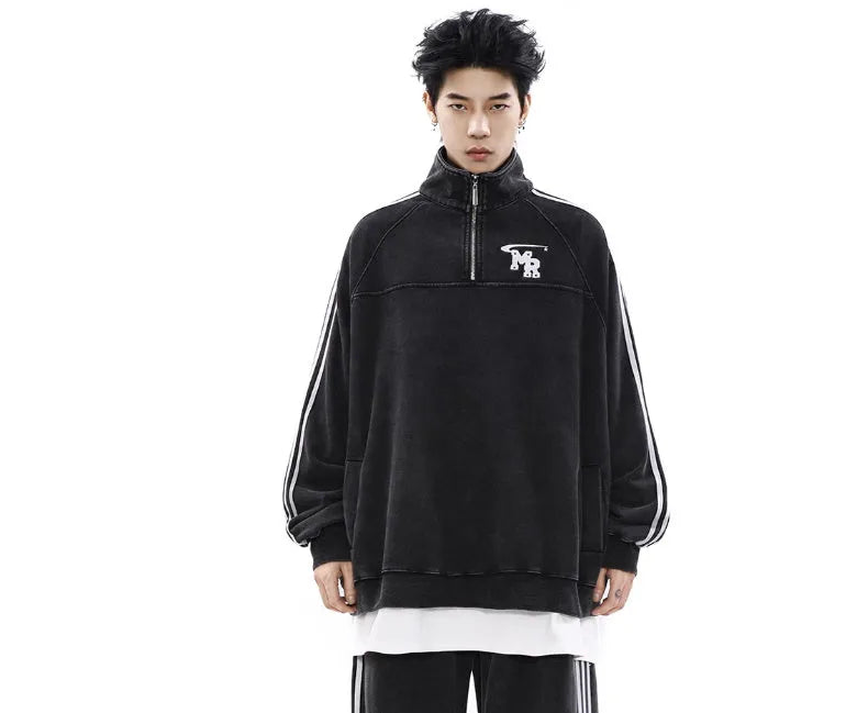 Black Hong Kong style men's polyester hoodie coat with stand collar and long sleeves.